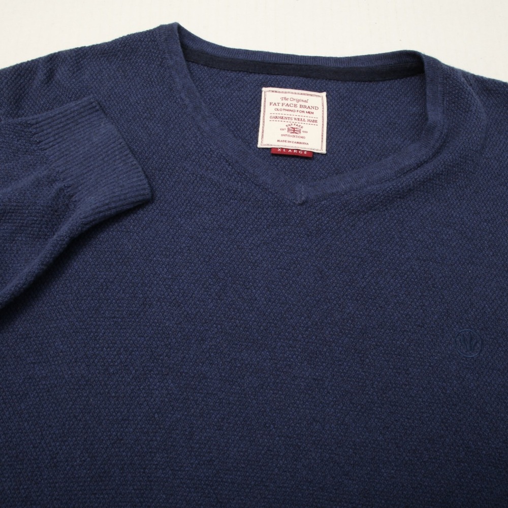 Fat Face Brand Sweater Mens Extra Large Blue V Neck Long Sleeves Cotton Cashmere